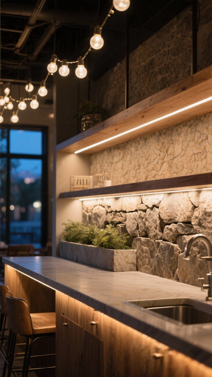 Detail closeup: Layered lighting composition at twilight. Under-shelf LED strip lights illuminate a prep area (task), warm white string lights span overhead for ambient bistro vibes, and low-voltage uplights wash a stone planter and textured wall for accent. Warm 2700K–3000K glow only; avoid blue tones. Tight framing on the interplay of lights and the soft shadows across stone and wood textures.