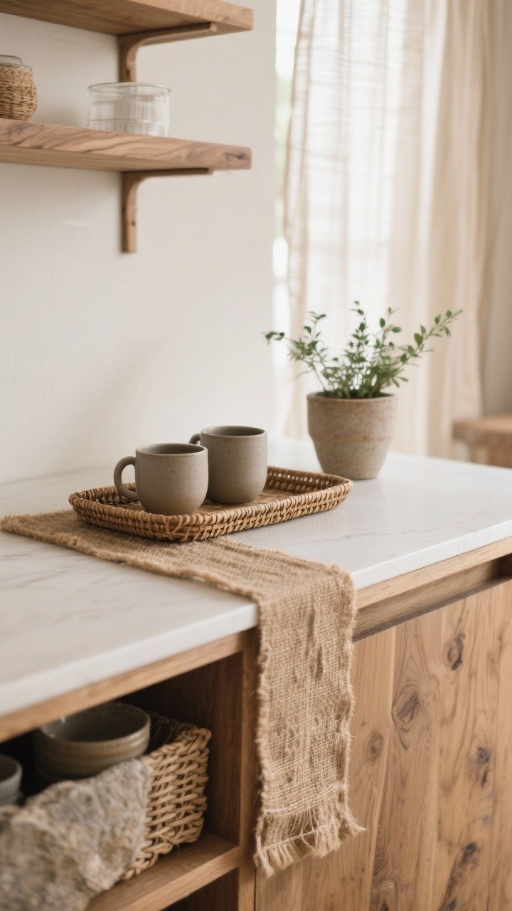 Detail closeup: Layered natural textures on a warm white counter. Oak open shelf edge with visible grain, a rattan tray holding handmade matte ceramic mugs, a jute runner peeking in frame, and a small unglazed planter with a herb. Linen cafe curtain diffuses light in the background. Focus on tactile surfaces—wood, woven fiber, stone, and ceramics—rendered photorealistically.