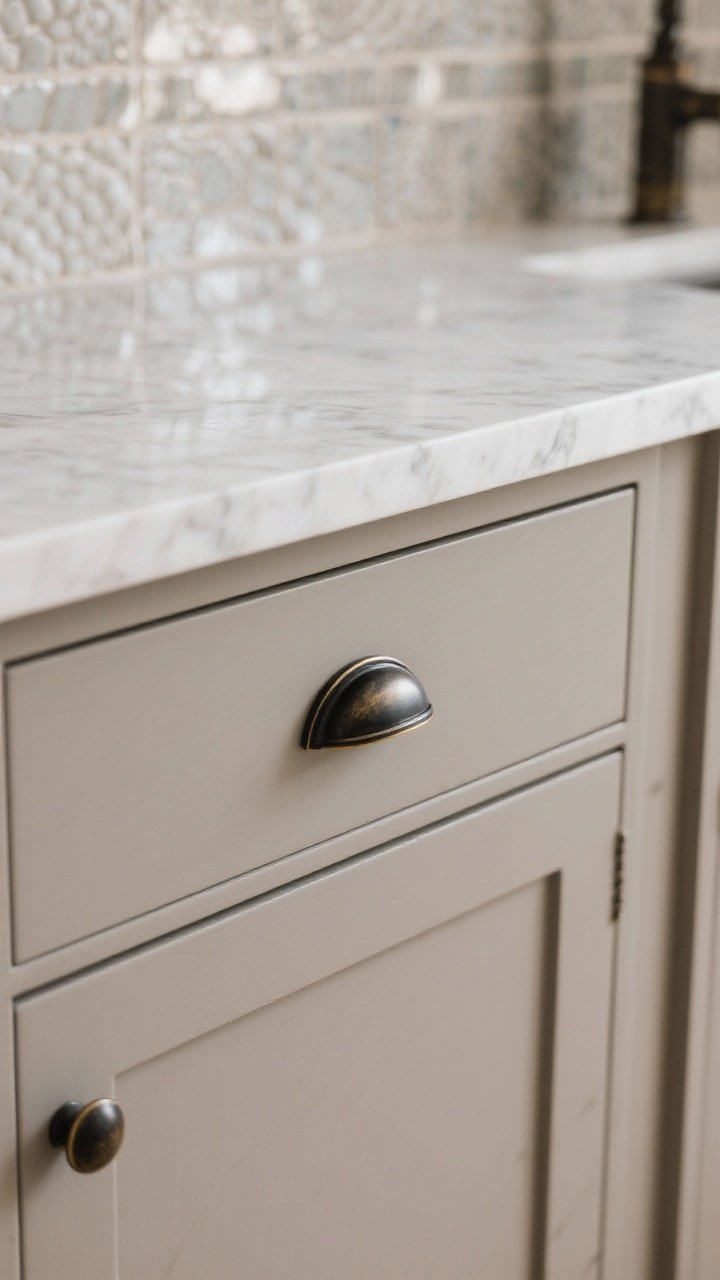 Detail closeup: Light taupe cabinet drawer front (BM Edgecomb Gray or SW Agreeable Gray lightened 25%) with soft black or aged brass hardware; the shot highlights fine-grain texture, faint marble veining reflected from the nearby counter, and a glimpse of textured zellige backsplash tiles for understated, luxe depth.