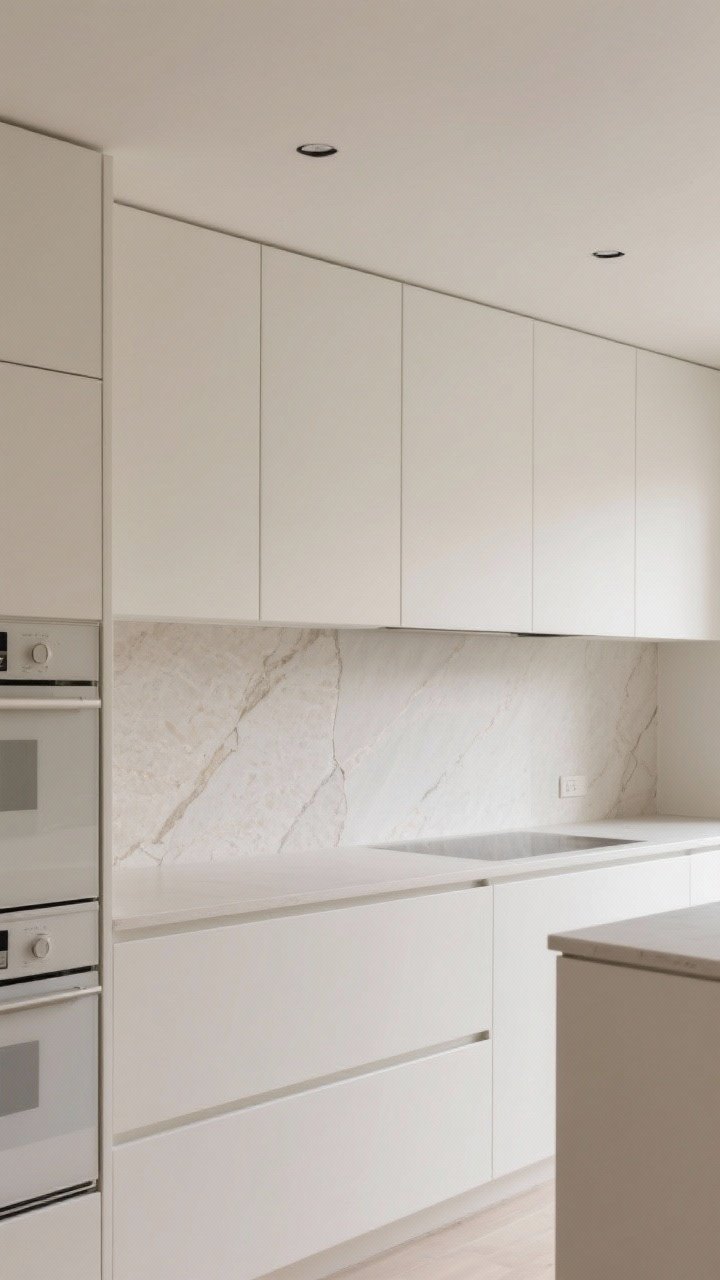Detail closeup, low-angle crop: Minimalist Zen white kitchen focusing on ultra-flat-panel cabinets with integrated pulls, paneled appliances flush with cabinetry, and a seamless slab-stone backsplash matching the countertop. Super-matte warm-white lacquer finish, clean shadow lines, hidden storage seams. Soft, even lighting to emphasize the uninterrupted surfaces, photorealistic.