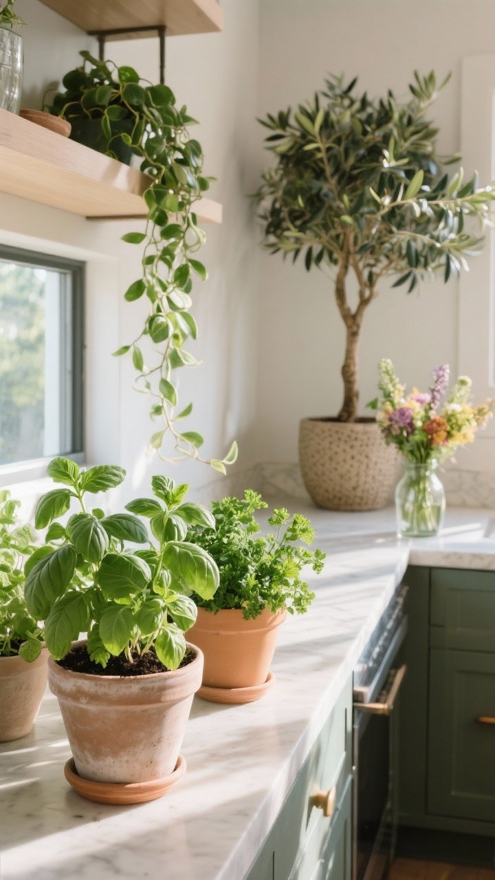 Detail closeup: Lush kitchen greenery—sunlit windowsill herb garden with basil, mint, and parsley in simple clay pots; a trailing pothos draping from a high open shelf; in the background, a tall olive tree in a textured planter filling an empty corner. Include a small vase with market flowers on the island for a “finished” touch. Bright, natural daylight highlighting leaf texture and freshness.