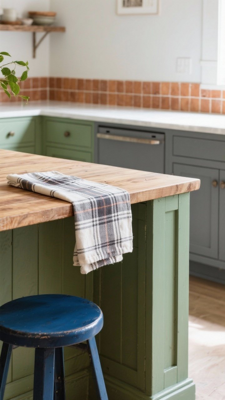 Detail closeup: Nature-inspired rustic color palette—sage green painted island, iron gray lower cabinets, and an inky blue accent stool. A strip of clay-toned glazed tiles forms a small backsplash detail. Textiles pop: a striped runner and plaid tea towel on a butcher block surface. Soft, indirect daylight enriches the earthy hues.