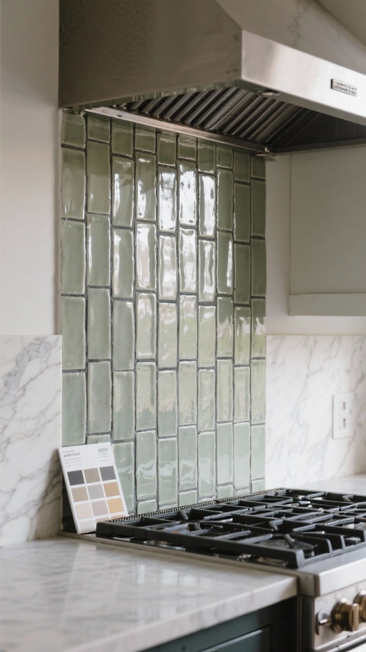 Detail closeup of a backsplash treated like art: vertical stack tile in glossy zellige-look sage greige with subtle variation, contrasting charcoal grout emphasizing the pattern. The tile runs up to the ceiling behind a range hood for dramatic height. Alternate slab splash detail visible at the edge where the countertop material (light veined stone) continues up the wall. Renter-friendly peel-and-stick tile sample panel resting on the counter. Side-lit to enhance texture and gloss.