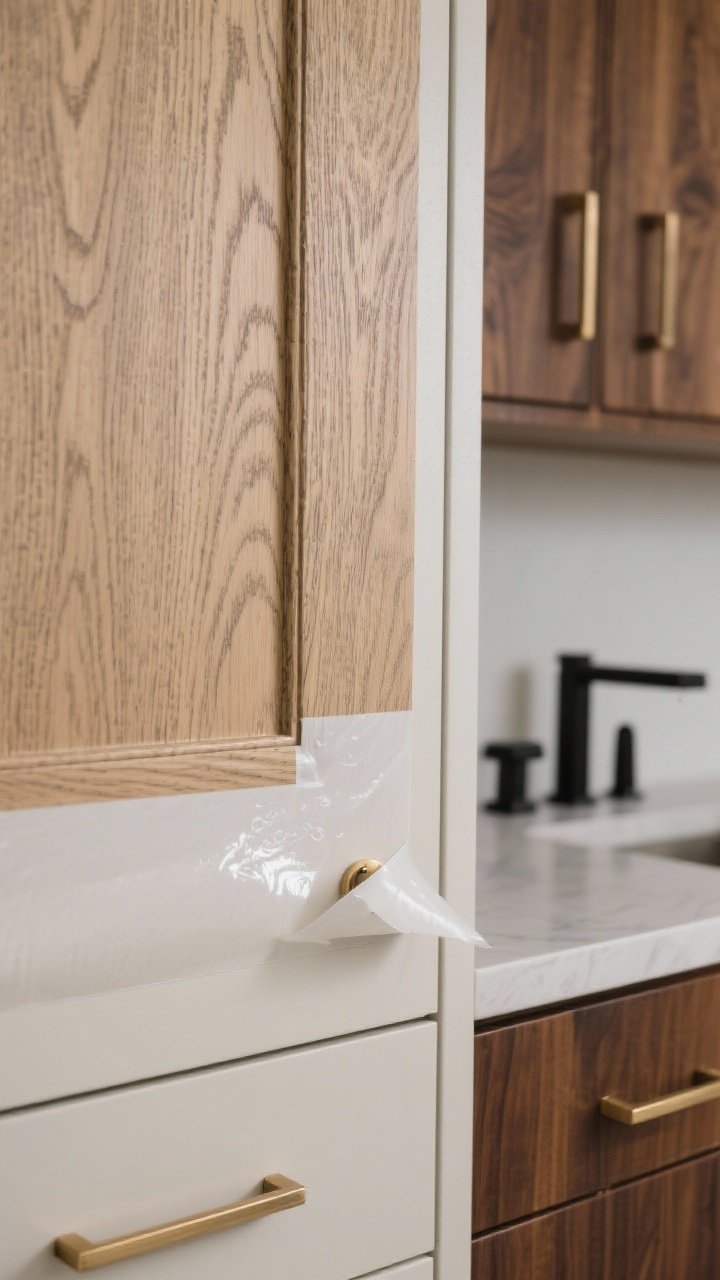 Detail closeup of a cabinet door being refaced with peel-and-stick rift oak wood grain film, showing realistic grain alignment and edges wrapped cleanly using a heat gun and plastic squeegee—no bubbles. Adjacent door in walnut veneer for comparison, paired with matte black and brushed brass pulls arranged on the counter to show complementary hardware choices. Neutral studio-like lighting to showcase texture and sheen of the wood surfaces.
