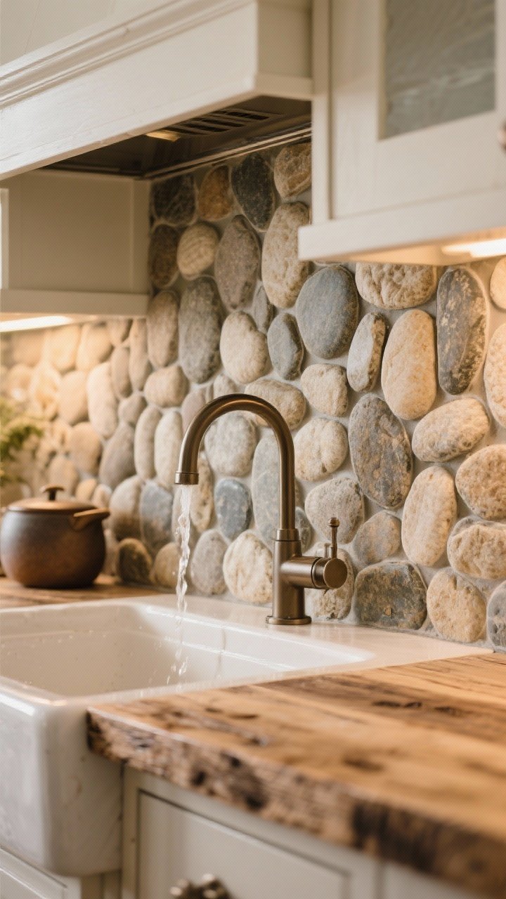 Detail closeup of a cobblestone mosaic backsplash section behind a pot filler: rounded/pillow-top stones with dimensional texture, grout color closely matched to the stones for a cohesive look; positioned away from heavy splash zones if stones are highly raised; paired with butcher block or distressed pine counter edge entering frame; gentle, warm ambient lighting, photorealistic.