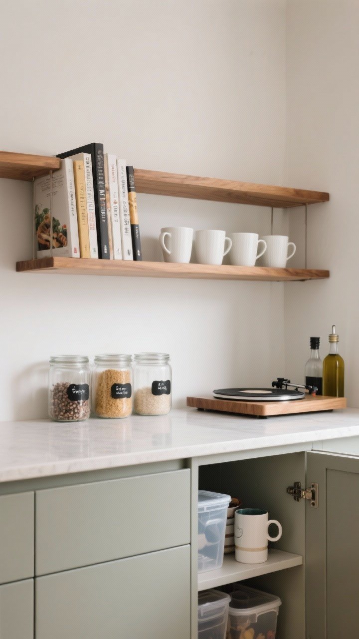 Detail closeup of a decluttered open shelf and counter vignette: floating oak shelf with only matching white mugs and neatly aligned cookbooks with attractive spines; below, a counter section with clear glass jars of pantry staples, each with simple black-and-white labels; inside the adjacent cabinet (door slightly ajar), plastic containers and mismatched mugs stored out of sight; a slim turntable in a corner holds oils and vinegar; soft, even natural light for a calm, minimal look.