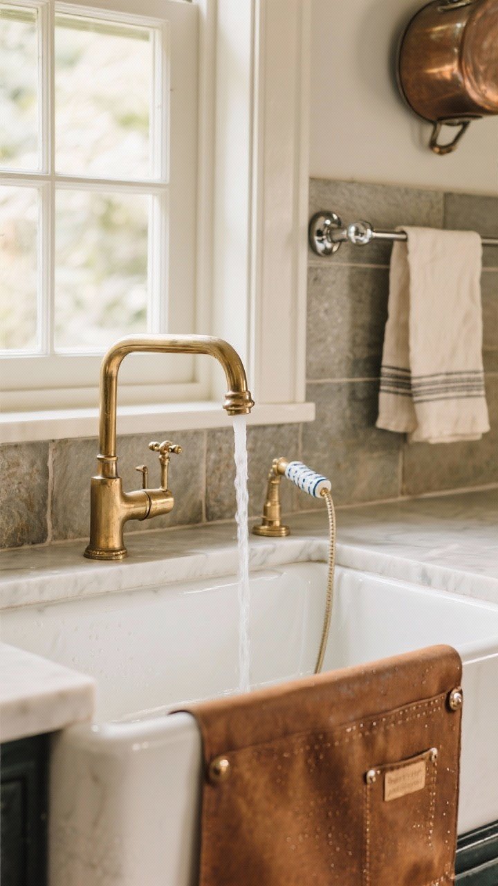 Detail closeup of a fireclay apron-front sink paired with a traditional bridge faucet in unlacquered brass; include a side sprayer with ceramic handles, a wall-mounted pot filler above the range line in polished nickel, and a recessed drying rail nearby with a linen tea towel; emphasize the sink’s depth and subtle patina and water beading; warm, natural window light highlights reflective metal against a matte stone backsplash.