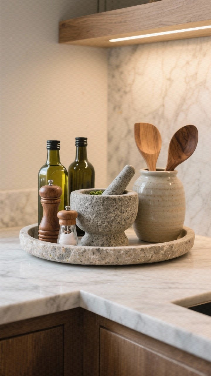 Detail closeup of a functional countertop vignette: a round stone tray corralling olive oil bottles, a wood salt cellar, a pepper mill, and a mid-height ceramic utensil crock; one sculptural element—a hand-carved stone mortar and pestle; rule-of-three grouping with varied heights; textures in wood, marble, and ceramic under warm task lighting, photorealistic.