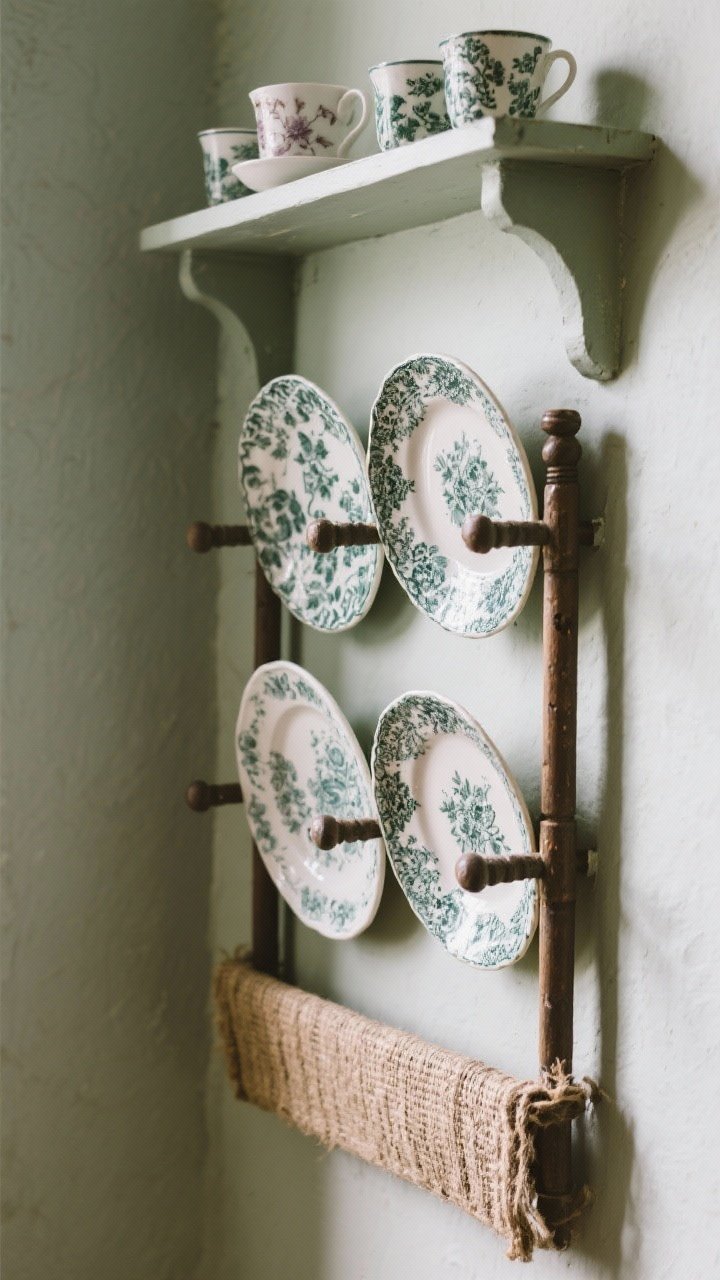 Detail closeup of an old-world plate rack and dish display on a narrow wall: vertical dowel-front rack holding patterned ceramic dinner plates, a shallow shelf above for teacups; visible texture and pattern in the ceramics, soft shadowing; a thin natural liner at the base of the rack to cushion plates; charming English cottage mood, tight composition showing texture and craftsmanship