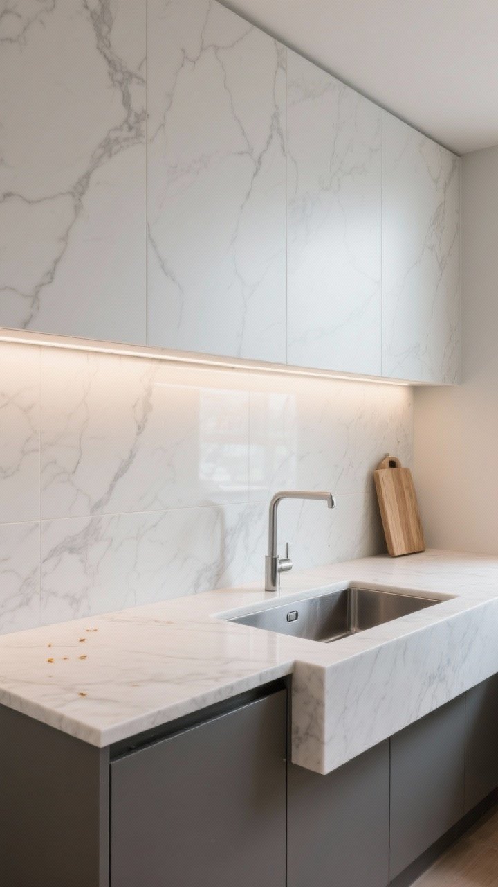 Detail closeup of backsplash and countertop materials: a large-format porcelain slab backsplash with minimal veining for nearly seamless joints; a light quartz counter with subtle, soft-gray veins that reflect light and disguise crumbs; a slim 2 cm edge profile for a modern, visually lighter look; a small peninsula with a waterfall edge creating a luxe moment; an integrated drainboard carved into the quartz beside a stainless sink and an over-sink cutting board; soft, diffuse lighting highlighting finishes.