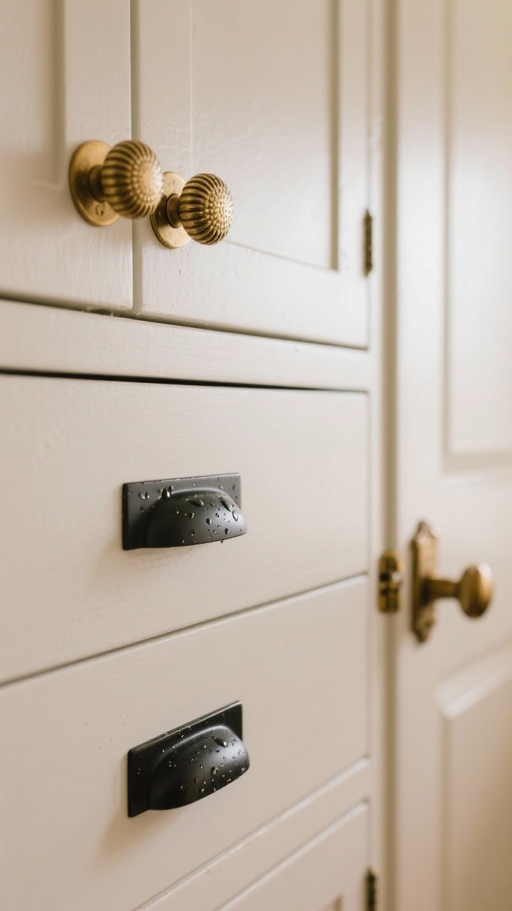 Detail closeup of cabinet hardware: knurled brass knobs on upper white shaker cabinets and chunky matte black pulls on lower drawers; a vintage-style brass latch on a pantry door in the background; slight water droplets on a handle to suggest grip-tested comfort; warm natural light highlighting texture and finish; neutral cabinetry, photorealistic, no people.