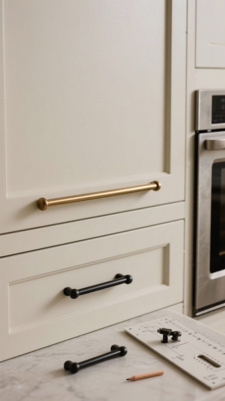 Detail closeup of cabinet hardware on a painted drawer front: long brushed brass pulls on wide drawers and matte black bar pulls on adjacent doors for a chic mixed-metal look. Include an appliance pull on a large drawer to imply a chef’s-kitchen vibe. Show a hardware jig/template lying on the counter with tiny pencil marks indicating precise placement. Neutral cabinet color backdrop; soft, diffuse lighting.