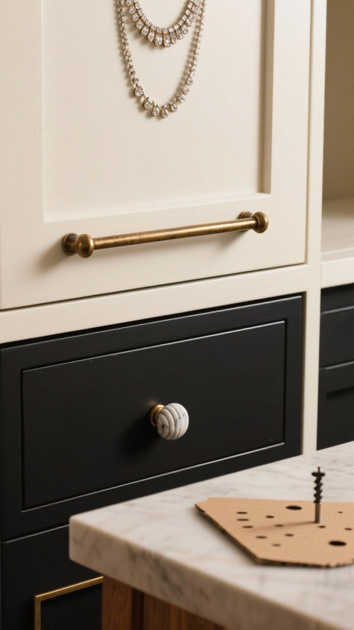Detail closeup of cabinet hardware styled like jewelry: a weighty aged brass linear bar pull on a warm white upper door and a matte black long pull on a dark lower drawer, showing mixed metals done right. Include a single feature drawer with a fluted marble knob as a focal point. Soft side lighting to emphasize metal finishes and tactile quality; wood filler and a cardboard drilling template resting nearby on the counter to suggest precise placement and hole-filling.