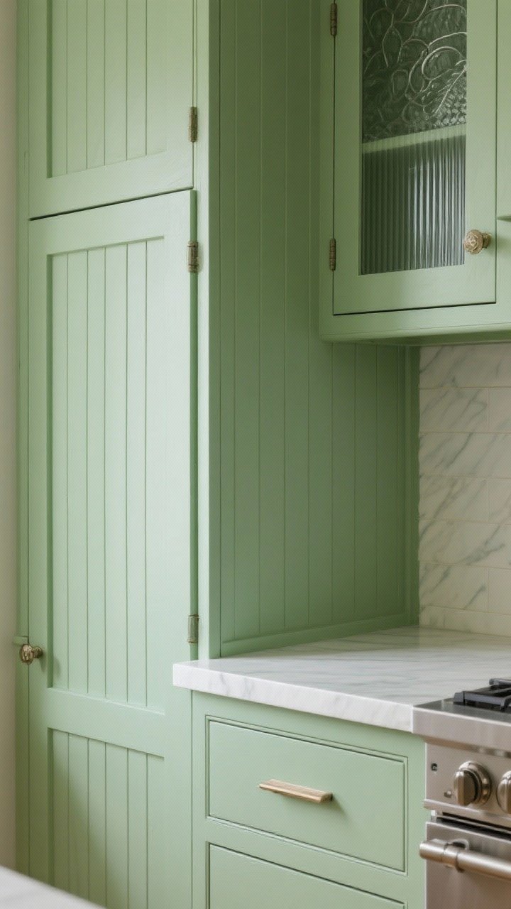 Detail closeup of green cabinetry texture: vertical beadboard paneling on a kitchen island in a soft green, adjacent to classic green Shaker doors with slightly wider rails; a nearby upper cabinet has a fluted glass insert; captured under soft, diffused lighting that flatters eggshell/satin paint; show subtle sheen and wood grain edges; photorealistic.