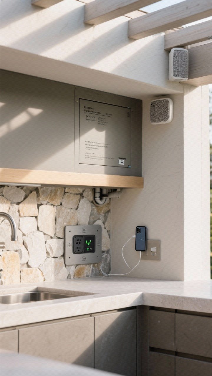 Detail closeup of hidden power and smart tech: weatherproof pop-up outlets and covered USB-C ports integrated into a stone backsplash and bar overhang, a conduit access panel labeled for future upgrades; a compact nook with a phone charging; subtle view of low-profile outdoor speakers tucked into the pergola beam; neutral daylight with crisp shadows