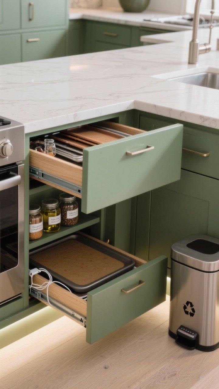 Detail closeup of hidden storage solutions inside a kitchen island: a toe-kick drawer pulled open revealing baking sheets, a narrow spice and oil pull-out with clearly labeled jars, and a charging drawer slightly ajar with concealed cord management; nearby, a pull-out trash and recycling bin aligned with the prep zone; satin-finished olive green island base; bright task lighting under cabinets and diffused ambient light; overhead angle