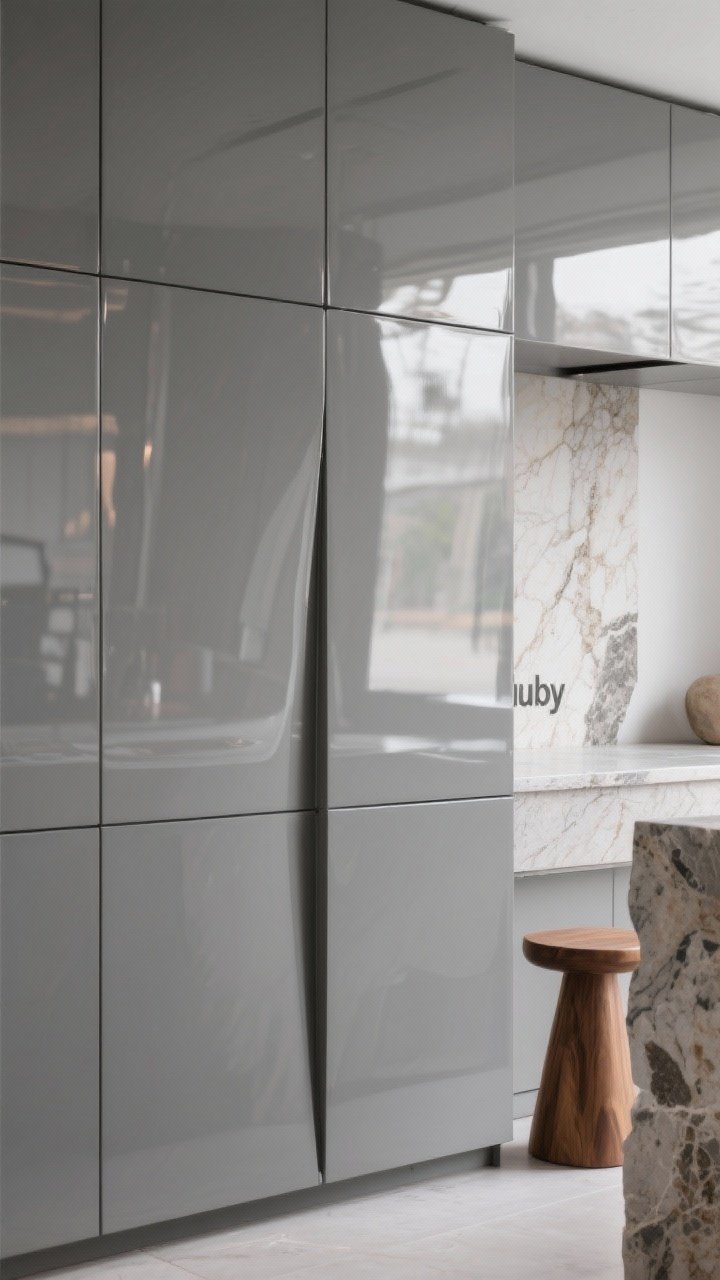 Detail closeup of high-gloss lacquer slab cabinet fronts in soft gray reflecting light and nearby textures; include a slice of natural stone and a warm wood stool to soften the sheen; neutral gloss avoids “clubby” look, soft directional light enhancing reflections without glare, photorealistic