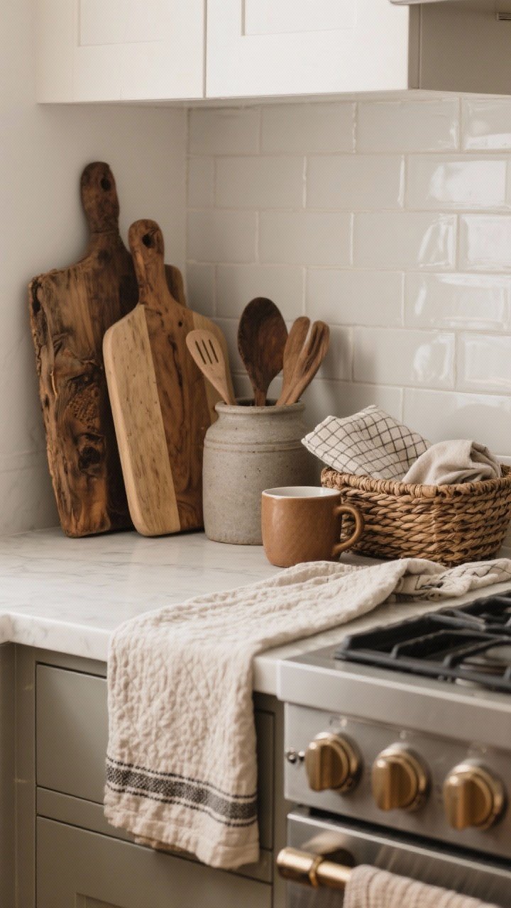 Detail closeup of layered textures on a kitchen counter: raw wood cutting boards leaning against a backsplash, a matte stoneware utensil crock with earthy-toned mugs, a woven basket holding linens, and a folded linen/waffle tea towel draped over an oven handle; include a low-pile vintage-style runner edge in frame; soft diffused light highlighting matte versus woven textures