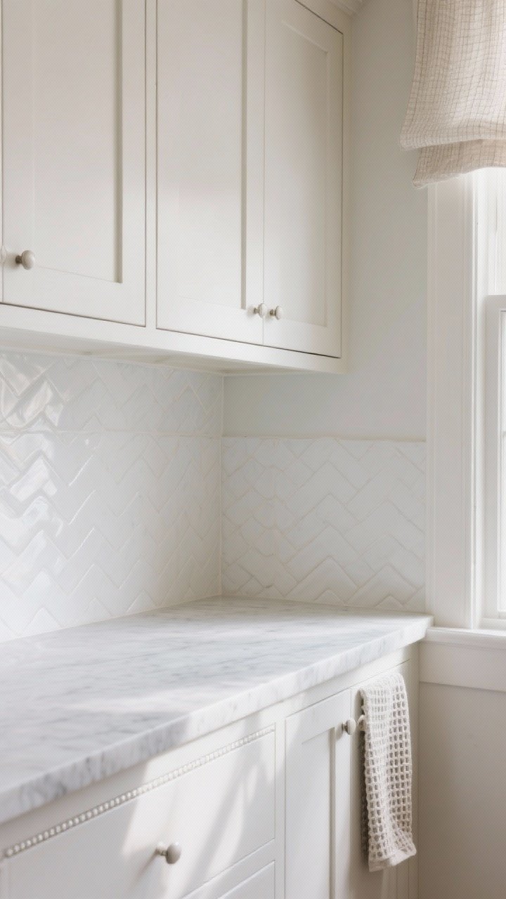 Detail closeup of layered white textures: matte honed marble or quartz countertop with a velvety glow, subtly rippled white zellige backsplash tiles catching light, satin-painted lower cabinets paired with beaded or shaker uppers; a corner of linen cafe curtains and a waffle-weave towel in frame; soft, diffused natural light highlighting the texture differences.