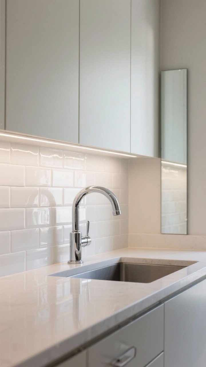 Detail closeup of light-bouncing surfaces: glossy white subway tile backsplash reflecting under-cabinet light, satin-finish pale greige cabinet fronts, and a polished chrome faucet with matching hardware next to a slim vertical mirror panel on the wall edge. Counters are matte to avoid glare. Focus on reflections and subtle sheen variations. Tight composition with crisp highlights and soft falloff, no people.