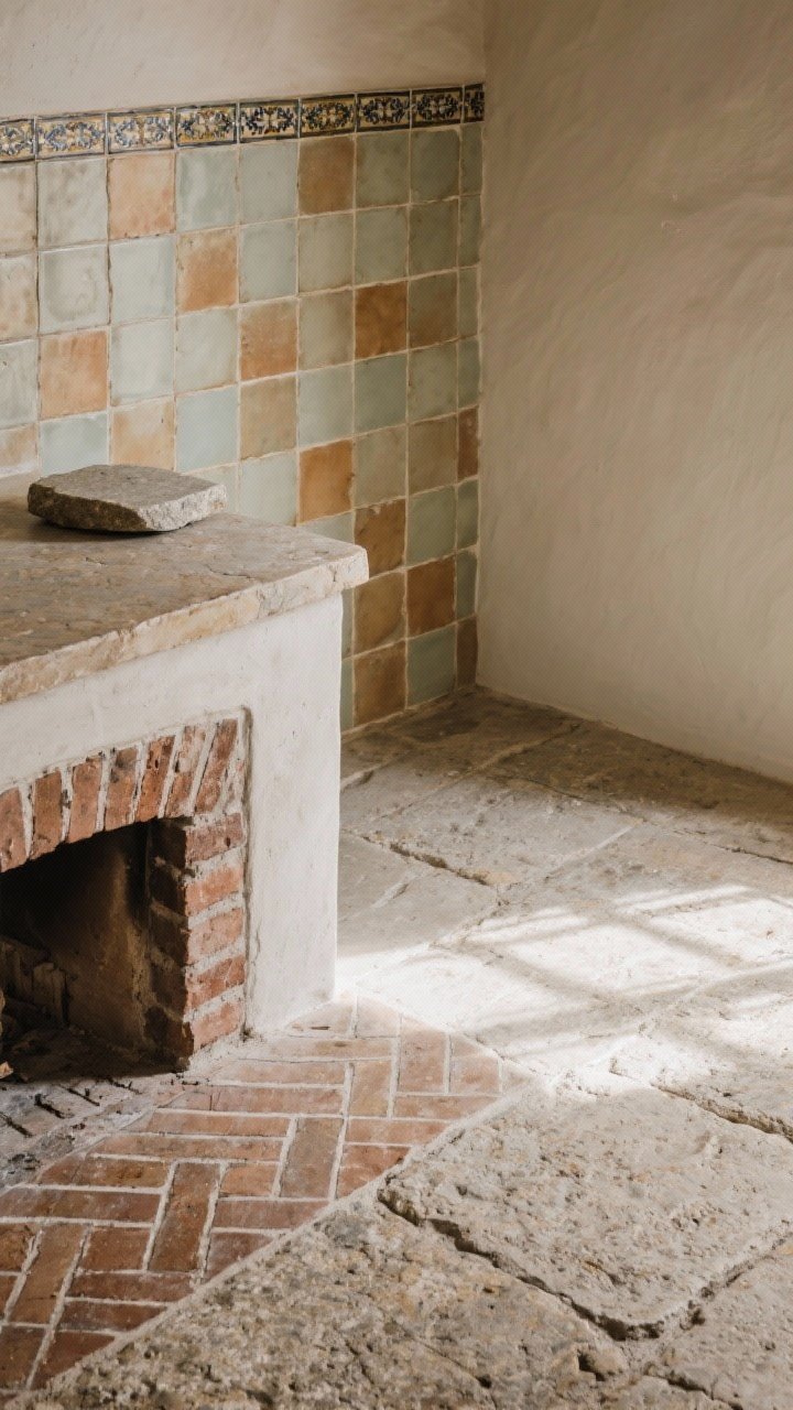 Detail closeup of old-soul textures: a vignette showing tumbled limestone floor meeting a small brick hearth edge and a zellige tile backsplash with soft glaze variation; warm grout lines, handmade or beveled edges for depth; a soapstone slab in a baking corner partially visible; light rakes across surfaces to reveal texture, with a subtle herringbone tile section in frame.