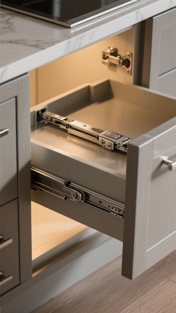 Detail closeup of premium cabinet hardware: an open deep drawer showcasing soft-close, full-extension undermount slides, with the slide mechanism visible; adjacent cabinet door slightly ajar to reveal high-quality adjustable hinges; realistic brushed metal textures, satin nickel finish, crisp shadows, warm ambient kitchen light highlighting smooth operation and solid construction.