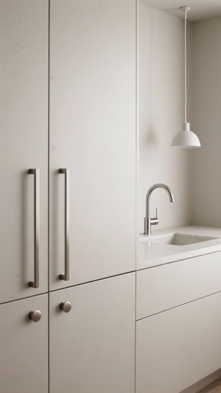 Detail closeup of streamlined details: thin linear pulls and minimal round knobs in a soft brushed finish on flat-front cabinet doors, a slender single-handle arched faucet in matte nickel or stainless without ornate curves, and a sleek, small-scale pendant with a simple silhouette; shallow depth of field to highlight the clean lines and low-profile look; neutral, low-contrast background; soft diffuse lighting.