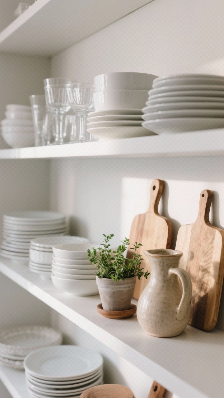 Detail closeup of styled open shelves: curated everyday dishes in white stacks, clear glassware, wood cutting boards, a small potted herb for greenery, and a ceramic pitcher for an organic shape; grouped by color and material for visual calm; side light casting gentle shadows; collected, not cluttered.