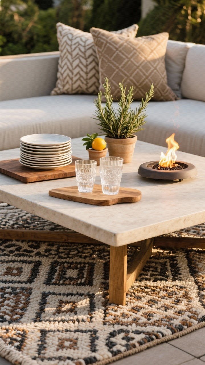 Detail closeup of styling and textures: a low outdoor table vignette with a patterned outdoor rug beneath, washable cushions and patterned throw pillows in muted earth tones, melamine plates stacked on a wood serving board, acrylic glassware catching light, a rosemary planter and small potted citrus nearby; a tabletop fire burner flickering softly; golden-hour light emphasizing fabric weave and natural materials.