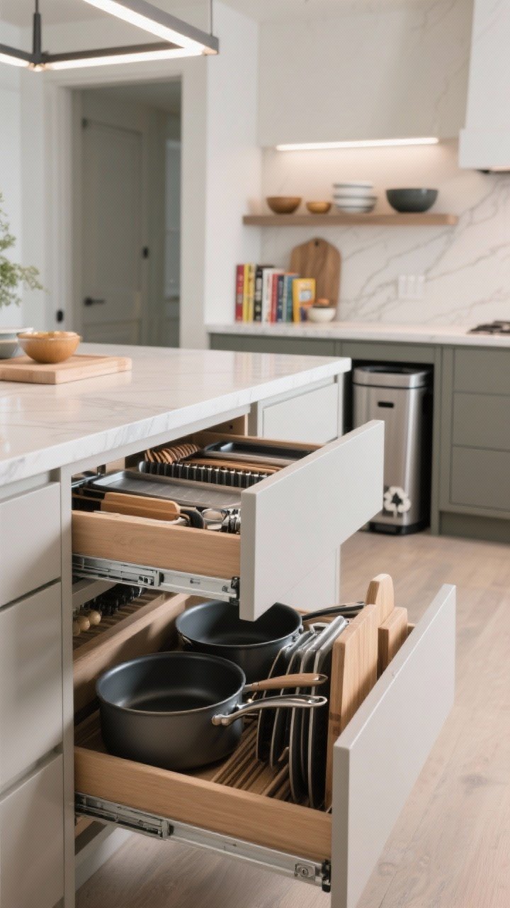 Detail closeup of the island’s storage features: a deep drawer pulled open revealing neatly organized pots and pans, a vertical tray divider with baking sheets and cutting boards, and a soft-close mechanism mid-action; in the background, an end-cap shelf with cookbooks and bowls, plus a discreet pull-out trash and recycling bin slightly ajar; bright task lighting, overhead/three-quarter close detail, photorealistic.