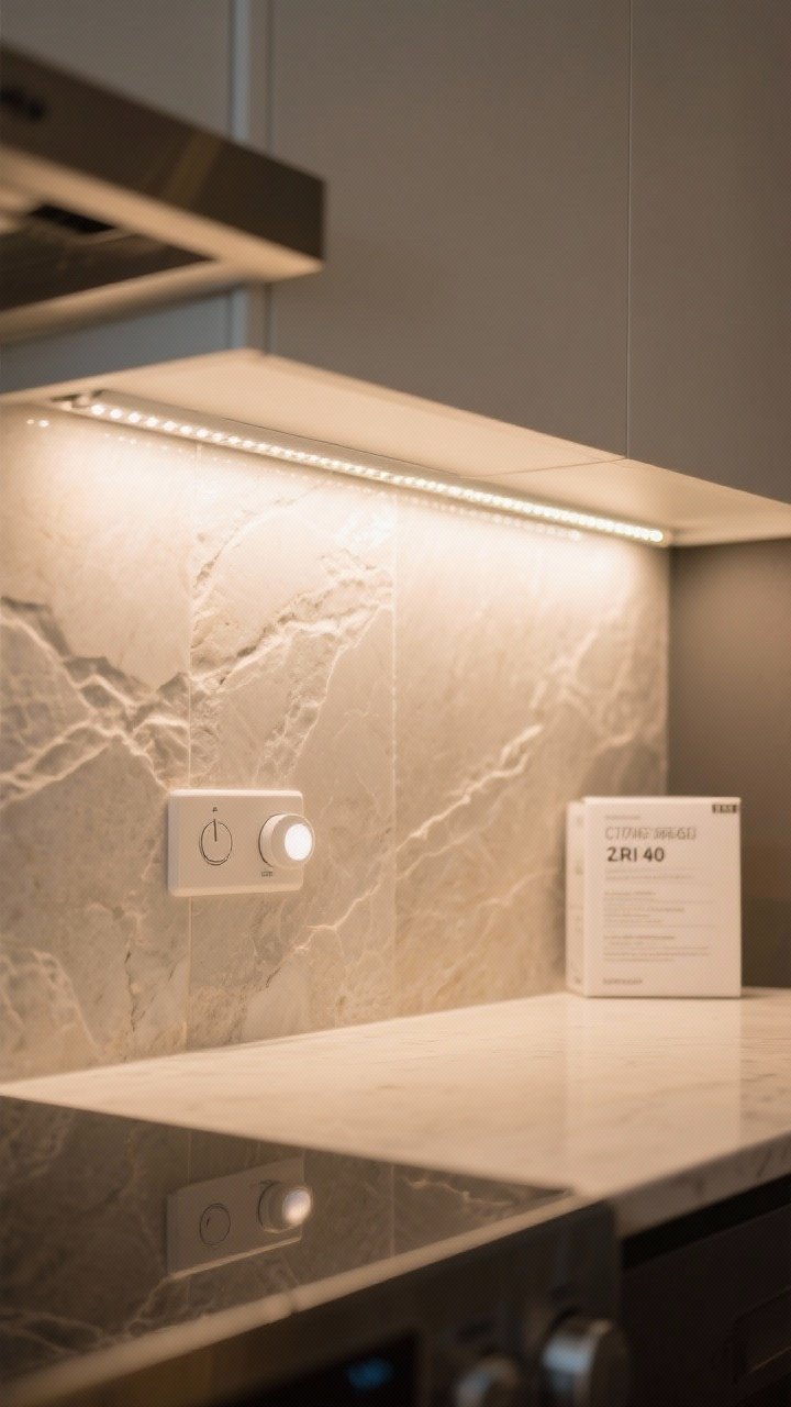 Detail closeup of under-cabinet lighting: LED tape strips hidden behind a light rail molding casting an even wash onto the backsplash and counter. Show a dimmer control, a motion sensor puck light in a niche, and packaging or a tiny spec card noting high CRI 90+. Warm white color temperature (2700–3000K) visible in scene with gentle, cozy glow on light-toned stone backsplash.