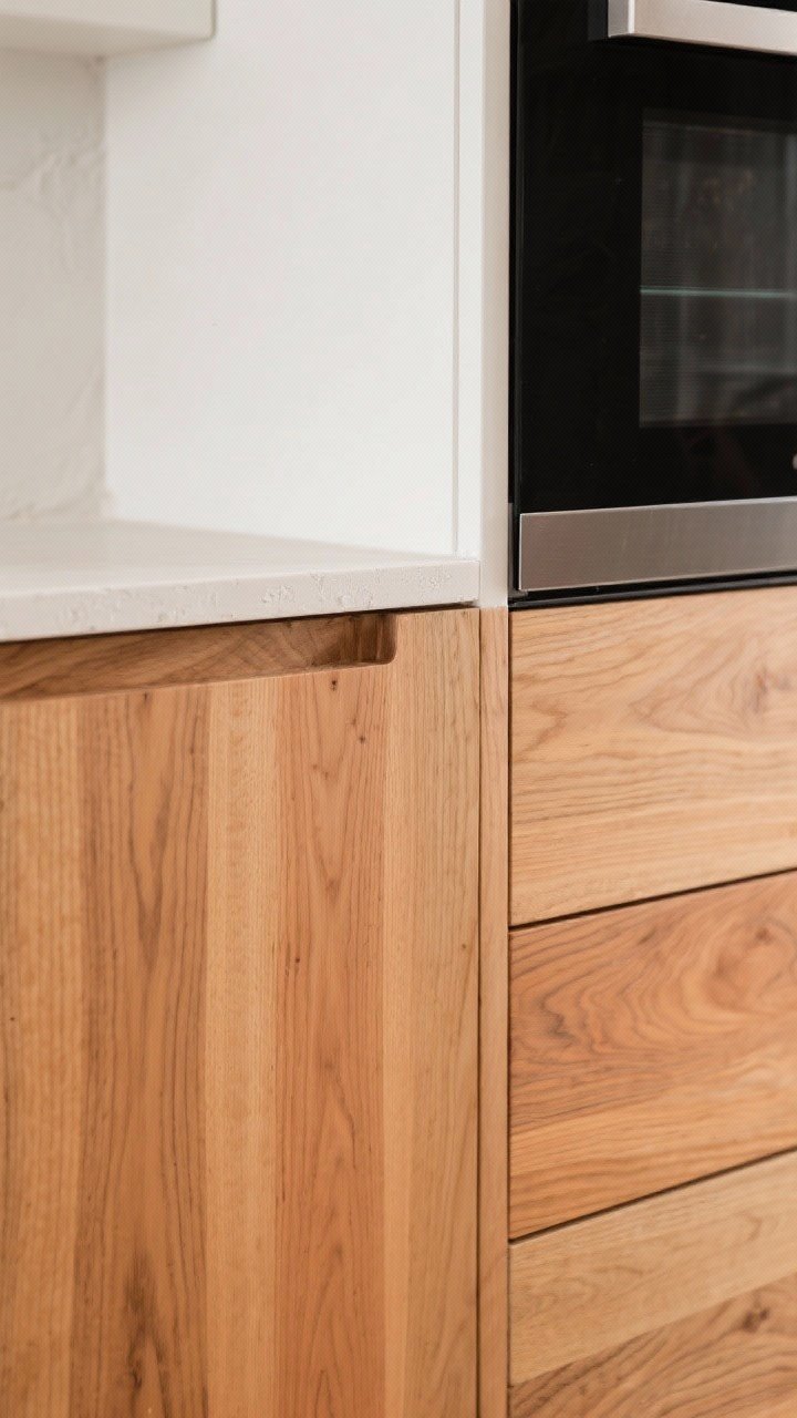 Detail closeup of vertical rift-sawn oak cabinet doors showing pronounced linear wood grain, warm natural stain (neutral, non-orange), with adjacent drawers running the grain horizontally; nearby plaster-finish white upper cabinet edge and a slice of matte black appliance for contrast; soft diffuse lighting highlighting texture, photorealistic