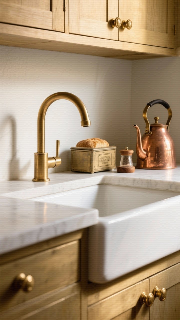 Detail closeup of warm metals and natural accents on a compact counter: a brushed brass gooseneck faucet with a gentle curve over a white sink, matching brass cabinet knobs and pulls, a copper kettle catching warm light, a vintage bread box, and a wood salt cellar. Consistent warm metal repeated throughout, cozy golden reflections, shallow depth of field.