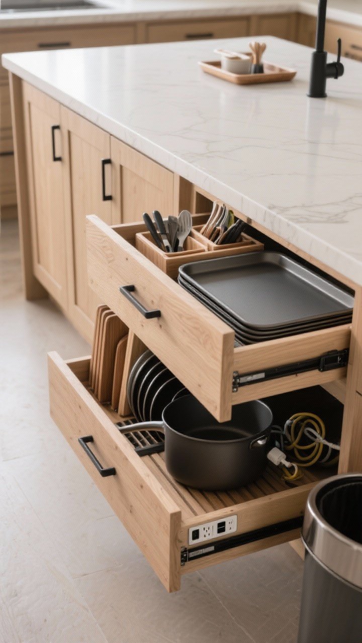 Detail closeup: Open deep drawer system in the island showing drawers over doors—double-decker drawer with a shallow top tray for utensils and a deeper section below for pots and pans; tray dividers standing baking sheets and cutting boards vertically; a hidden charging drawer slightly open revealing integrated outlets and neatly coiled cords; and a nearby pull-out trash on the prep side. Matte black hardware, smooth maple drawer boxes, photorealistic textures, soft diffused task lighting; overhead perspective.