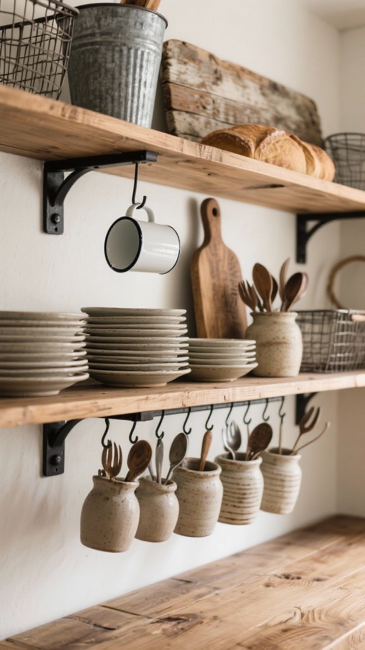 Detail closeup: Open wood shelving with black iron brackets holding neatly stacked everyday stoneware plates, enamelware mugs hanging from hooks, and utensils corralled in ceramic crocks; vintage touches—weathered breadboards leaning at the back, galvanized bins and wire baskets adding texture; cedar shelf with visible grain; soft, indirect daylight emphasizing the patina and mix of materials.