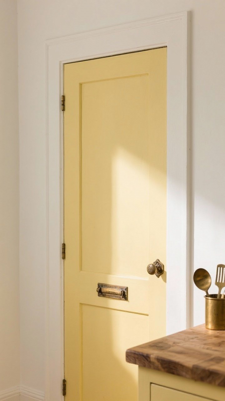 Detail closeup: Pale butter-yellow cabinet door (F&B Hay lightened or BM Windham Cream) with aged brass or iron pull, crisp white wall and trim behind it to prevent yellow overload; warm morning light grazing the paint surface, a butcher block edge and a small brass utensil cup nearby for grounded warmth.