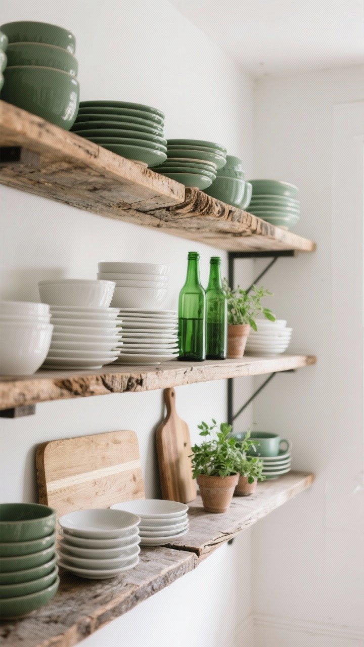 Detail closeup: Practical open shelving made from thick reclaimed planks with a slightly live edge, styled with matte green ceramics, stacks of white everyday dishes, wood cutting boards, and a few green glass bottles and small herb planters; cohesive palette of whites, woods, and greens; soft natural light from the right, minimal clutter.
