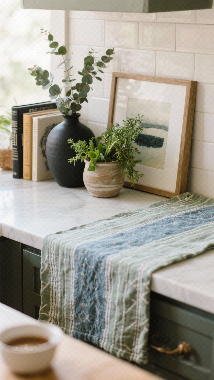 Detail closeup: Quiet color and everyday art—sage and smoky blue textiles in a patterned runner and striped tea towel, a small framed print leaning against the backsplash near a breakfast nook, and a cluster of greenery: potted herbs and eucalyptus in a crock. Inky charcoal accent repeated in a vase and a cookbook spine. Warm, soft lighting for a lived-in, human feel.