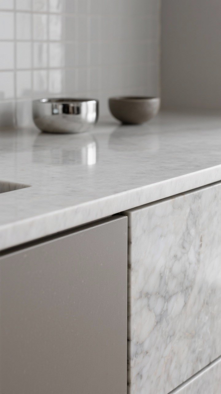 Detail closeup: Sheen harmony comparison at a mitered countertop edge meeting cabinet fronts—one side shows honed (matte) quartz meeting matte/satin cabinet paint, the other shows polished stone meeting semi-gloss cabinet finish; small reflective props in the background (glossy tile, matte ceramic bowl) to show repetition of sheen; controlled studio-like lighting to reveal surface reflectivity.