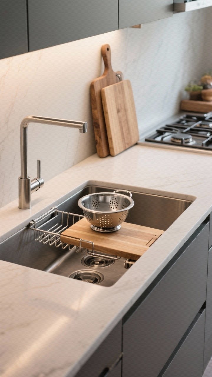 Detail closeup: Smart prep zone at a workstation sink—oversized single basin fitted with sliding accessories: wood cutting board, stainless drying rack, and colander nested over the sink; a custom over-the-stove cutting board spanning cool burners to add instant prep space; a subtle counter-ledge providing extra storage without stealing prep area; crisp, clean surfaces with soft task lighting; photorealistic.