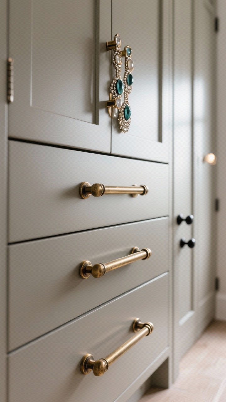 Detail closeup: Statement hardware “jewelry” on a drawer bank—12-inch aged brass appliance-style pulls on wide drawers, mixed with smaller black knobs on nearby doors; consistent modern bar shape ties finishes together; cabinet front in muted greige satin sheen; soft-close hinge visible as door opens slightly; directional spotlight and ambient daylight create specular highlights on metals; photorealistic macro texture