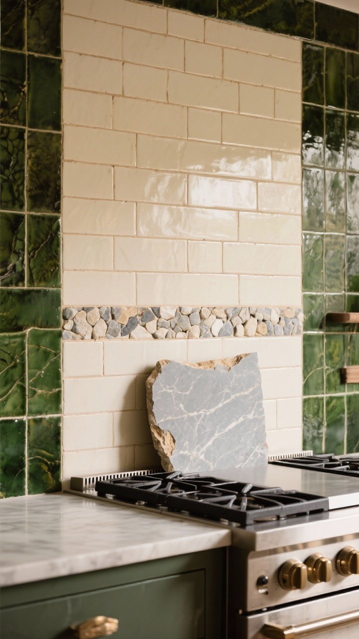Detail closeup, straight-on: A backsplash vignette with cream zellige tile in a vertical stack, warm bone-colored grout, and a strip of tumbled marble near the range; adjacent panel shows a moody section of deep green variegated-glaze tile; in the center, a honed soapstone slab behind the range adds subtle veining; warm, diffused lighting highlights the imperfect handmade edges.