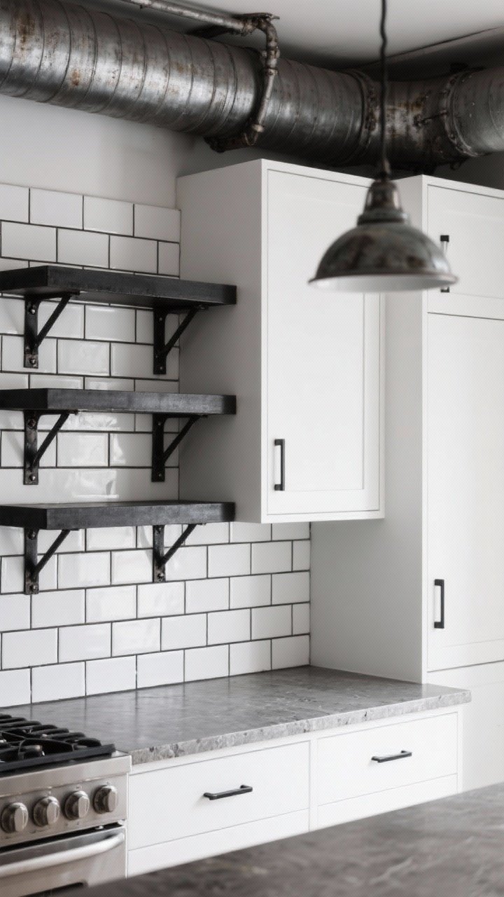 Detail closeup, straight-on: Industrial-edge white kitchen materials vignette—white cabinetry meeting a white subway tile backsplash with dark grout, adjacent to blackened steel open shelves with iron hardware. Include a section of concrete or soapstone-look countertop for contrast and a hint of a factory-style pendant above. Crisp, graphic textures with moody accents, photorealistic.