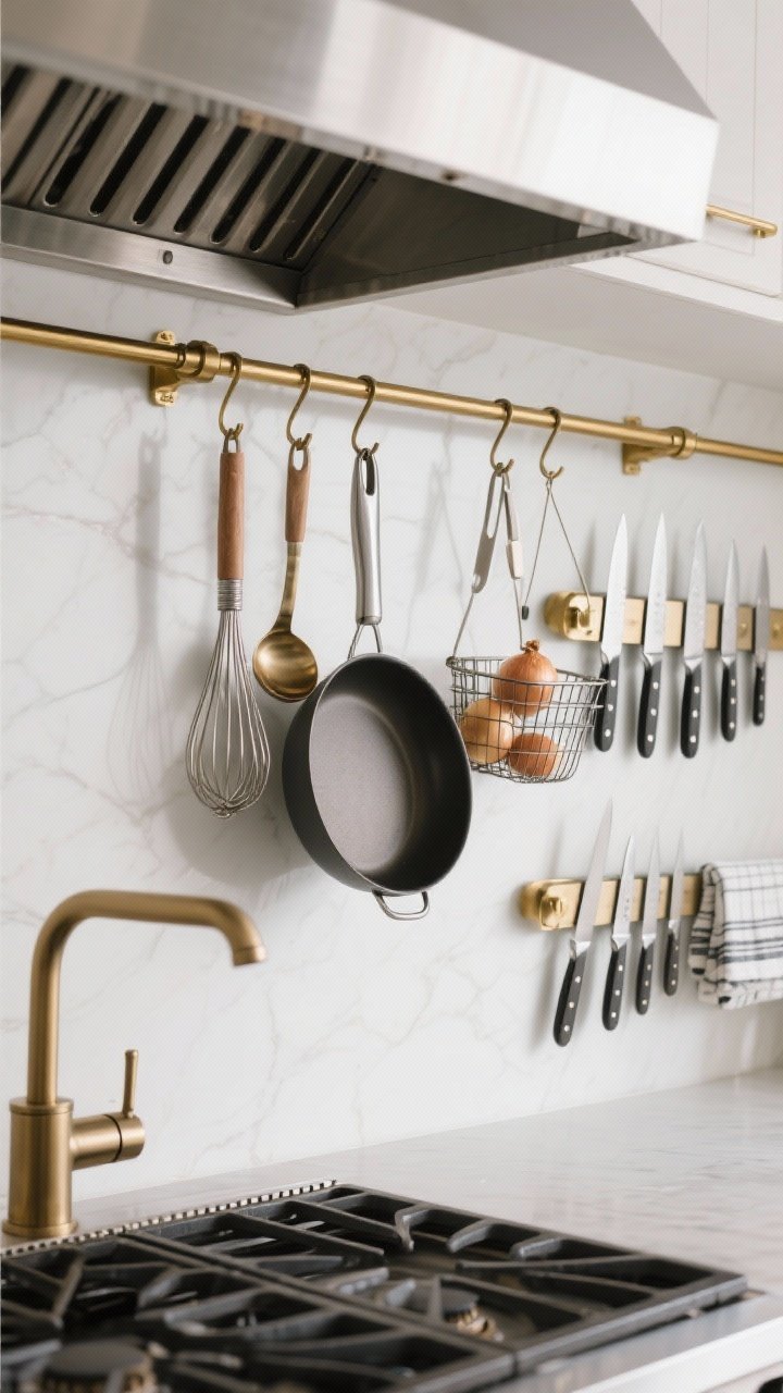 Detail closeup, straight-on, of a professional-style rail system: stainless or brass wall-mounted rails aligned over the range area with uniform finish matching faucet/hardware; hanging ladles, tongs, whisks, a lightweight skillet, a couple of small wire baskets for onions and dish towels; magnetic knife strip with neatly spaced knives; controlled visual rhythm, practical and refined