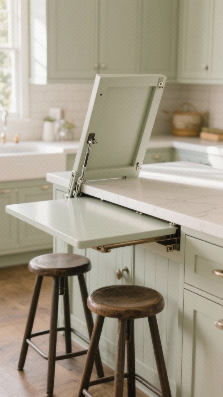 Detail closeup: “The Foldaway Flirt” drop-leaf island—focus on the sturdy swing-out bracket supporting a 10–12 inch leaf; main top 24 inches deep; two counter-height stools tucked under the flipped-up leaf; color-matched countertop and cabinets for a seamless, visually light look; gentle morning light highlighting edges and hardware; no clutter.