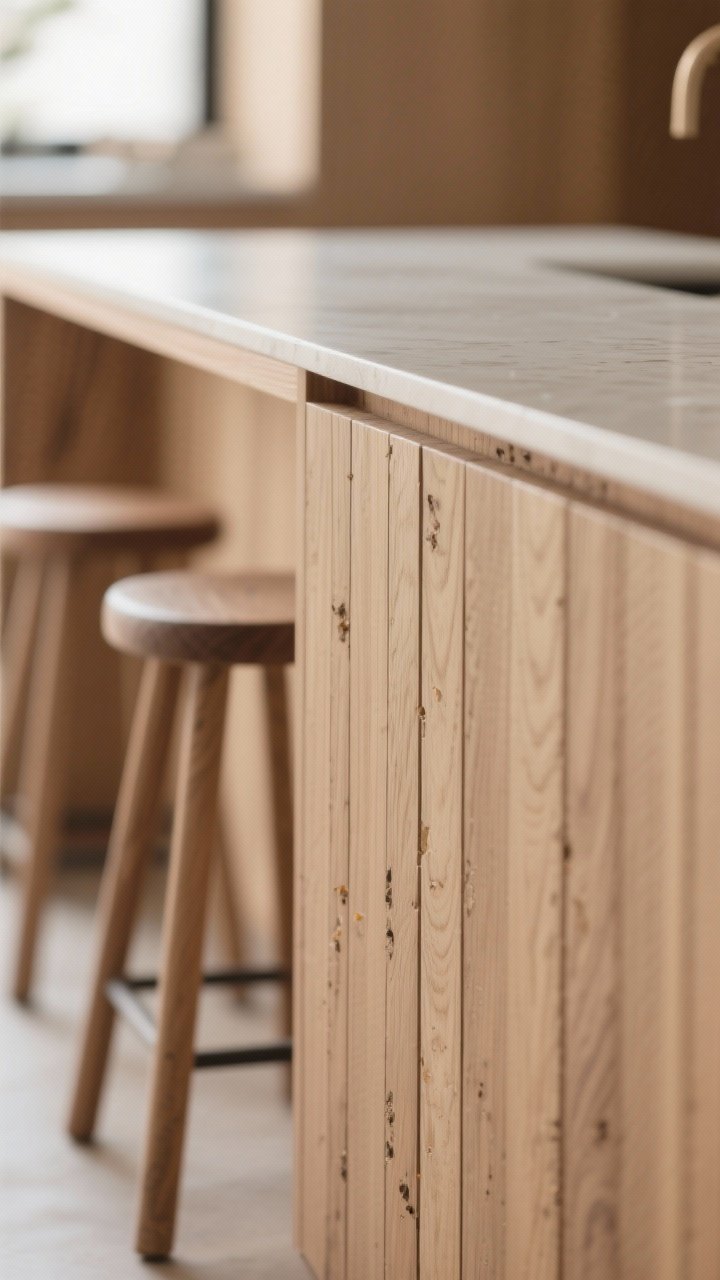 Detail closeup: The island’s side panel featuring vertical fluted wood in a tone-on-tone natural oak finish, soft matte sheen; crumbs lightly visible in one groove for realism, with a minimalist counter edge above; background blurred showing simple stools and a clean counter to highlight the quiet texture and elongating vertical lines, photorealistic.