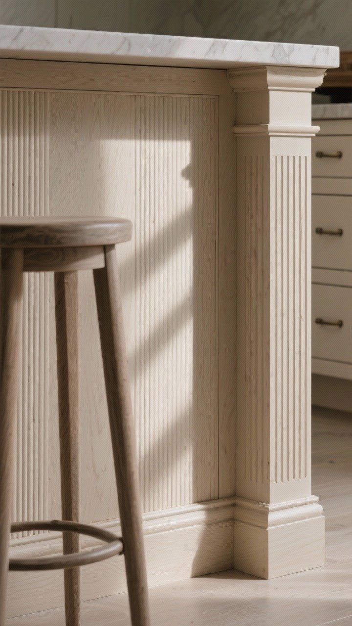 Detail closeup: The stool side of a kitchen island showcasing fluted/reeded wood paneling with wider, shallow flutes for easy cleaning; adjacent fluted corner post that feels furniture-grade; slim reeded drawer fronts with minimal finger pulls; raking natural light creating shadow play across the texture, emphasizing refined lines and finishes; neutral, understated mood, no people, photorealistic.