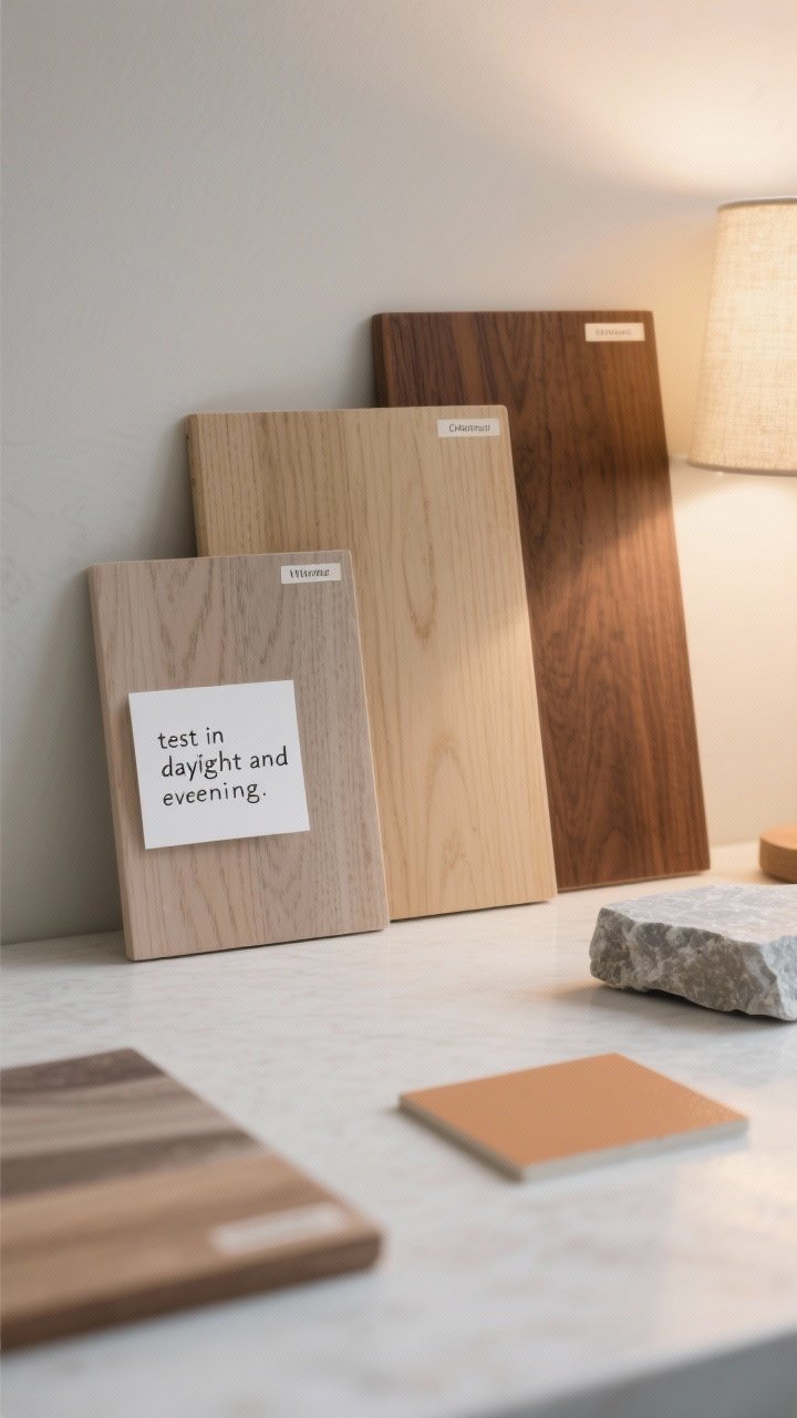 Detail closeup: Three labeled wood sample boards—white oak, ash, and walnut—finished in natural to light, desaturated stains showing clean, neutral-to-warm tones; a note card reading “test in daylight and evening” tucked beside them; cool stone sample and warm paint chip nearby to show undertone harmony; gentle daylight and a lamplight glow on one edge to suggest tone shifts.
