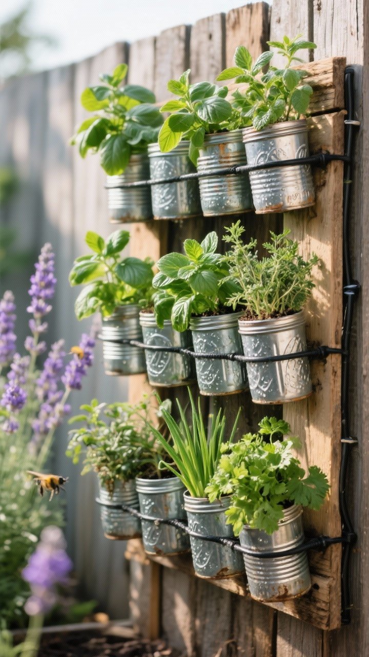 Detail closeup: Vertical herb garden mounted on a rustic pallet against a fence—upcycled tin cans and mason jars arranged in rows, each planted with basil, mint, thyme, oregano, chives, and parsley. A thin black drip line snakes through for irrigation. In the blurred background, lavender blooms attract pollinators. Morning light with gentle shadows; focus on green foliage textures, condensation on jars, and galvanized metal patina. No people.
