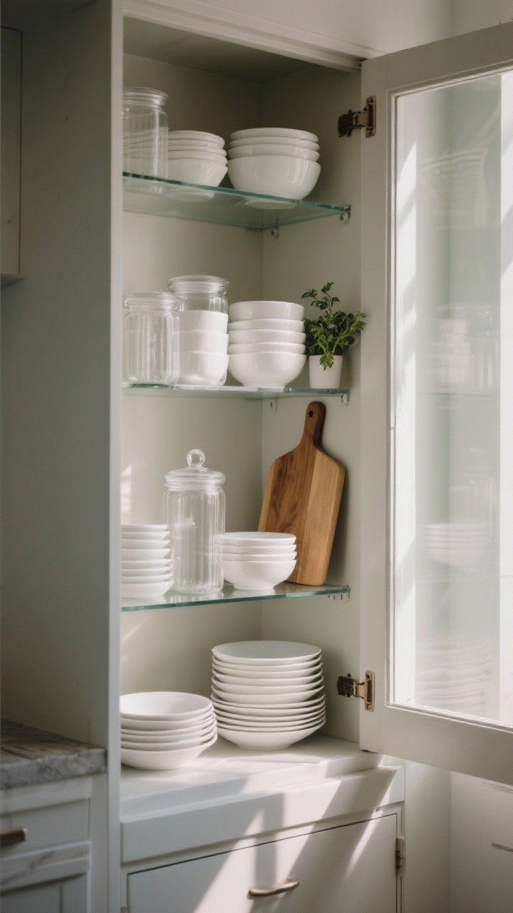 Detail, door-open styling shot of a glass-front cabinet interior curated like open shelving: unified white dishes, stacks of bowls, clear canisters, grouped in threes and fives, with layered heights—a leaning wooden cutting board at the back and a small potted herb for life. Shelves lined with clear shelf liner for protection. Soft, directional light from the right to create gentle shadows and a calm, intentional mood.